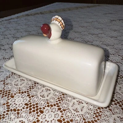 POTTERY BARN GOBBLE CERAMIC COVERED BUTTER DISH WITH TURKEY KNOB~EUC - Image 1 of 4