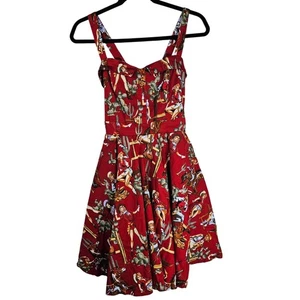 Vintage Western Pinup Print Sweetheart Dress 6 Red Fit & Flare Retro Rockabilly - Picture 1 of 8