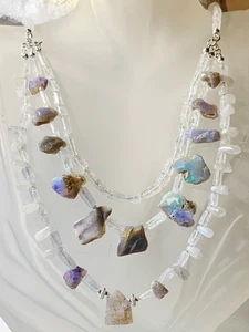 COLLAR ÁSPERO ÓPALO AUSTRALIANO SS .925 3 HEBRAS CON PIEDRA LUNAR BLANCA Y PENDIENTES - Imagen 1 de 7