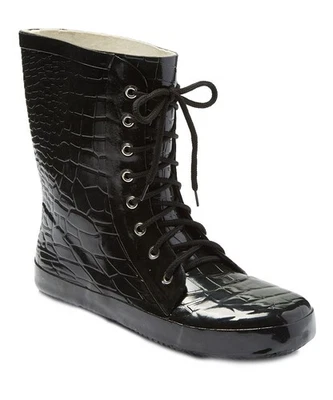 Женские резиновые дождевые сапоги размер 7 черные с крокодиловым принтом на шнуровке водонепроницаемые ботильоны - Изображение 1 из 4