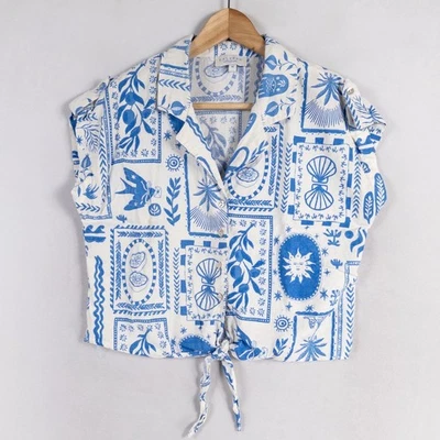 Camisa Calypso St. Barth Talla Mediana Azul Blanco Estampado Crop Coastal Boho Mezcla de Lino Foto 1 de 4
