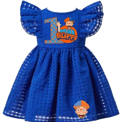 Vestido de cumpleaños BLIPPI para bebés y niñas | Vestido de fiesta forrado azul real | ¡NUEVO! Foto 1 de 2