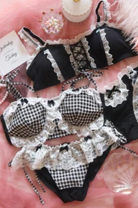 Schwarzes Zimmermädchen Stil süßes japanisches Damen BH & Höschen Set ohne Bügel weiche Unterwäsche - Bild 1 von 16