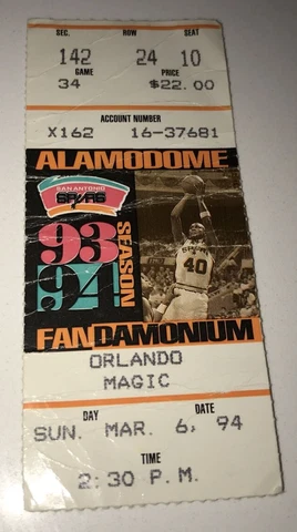 San Antonio Spurs Magic 3/6/94 NBA Ticket Stub Shaq Birthday vs David Robinson Cover