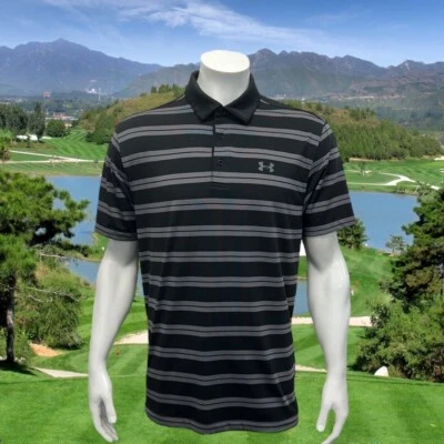Camisa polo de golf Under Armour Heatgear Performance suelta negra gris a rayas grande Foto 1 de 4