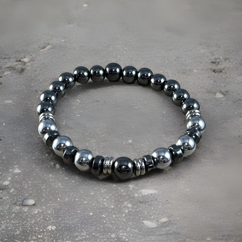 Men’s 8.0”-9.25” Mixed Hematite+Stainless Steel Bracelet 10mm.. - Image 1 of 1