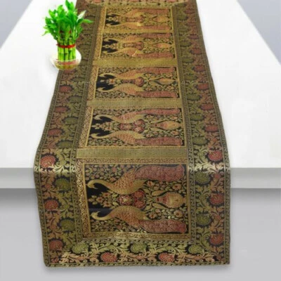 Gold Banarsi Brocade Silk Dining Table Runner Room Decor Christmas Gift - Image 1 of 4