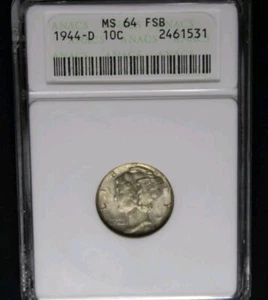 1944 D MS64 FSB 10C Mercury Silver Dime Coin Mini Anacs Rainbow Color Toned - Picture 1 of 4