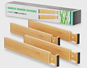 GENUINE BAMBOO DRAWER DIVIDERS 4 COUNT ADJUSTABLE 13 17/64” - 17 3/2” ORGANIZERS - Picture 1 of 8
