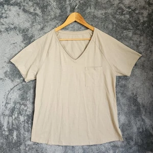 Women's Short Sleeve Large Basic T-Shirt Top Tee V Neck Pocket Tan Neutral NWOT - Picture 1 of 8