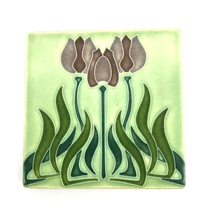 Motawi Tileworks Arts & Crafts Purple on Mint 3 Tulips 6” x 6” Tile - Picture 1 of 13