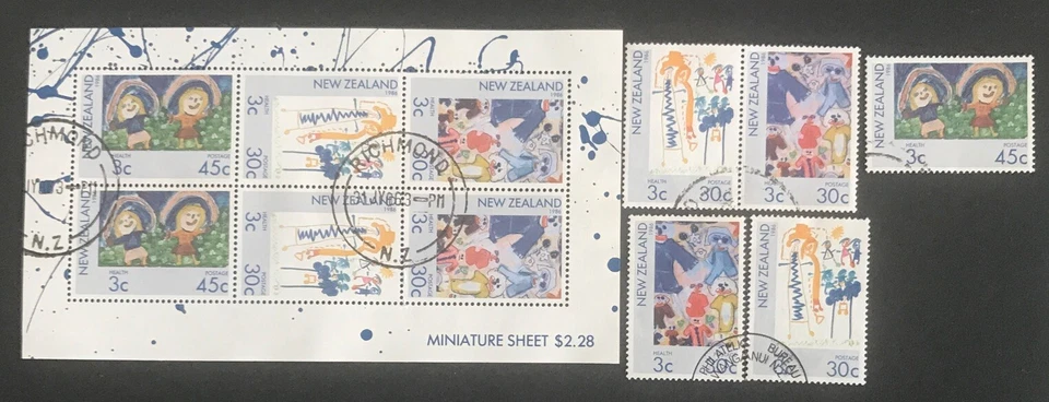 New Zealand 1986 "Health" FDI Mini Sheet + full set used + Joined Pair Stamps - Image 1 of 1