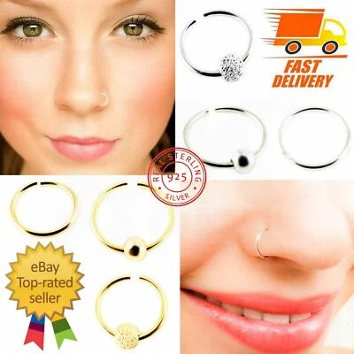925 STERLING SILVER GOLD NOSE EYEBROW RING PIERCING HOOP STUD WITH BALL 8mm 10mm - Image 1 of 4