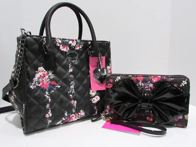 Betsey Johnson Black Floral Satchel Shoulder Bag Tote & Bow Wallet Clutch NWT - Image 1 of 4