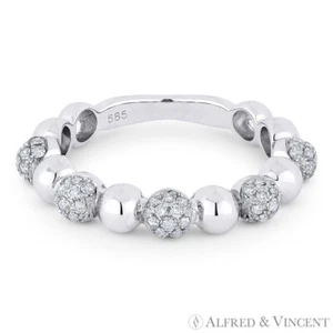 Anillo redondo de 0,39 quilates con bola pavimentada de diamantes banda apilable para mano derecha en oro blanco de 14 K - Imagen 1 de 2