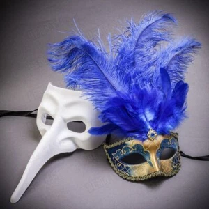 Gold Blue White Fancy Party Masquerade Costume Venetian Couple Mask with Feather - Picture 1 of 3