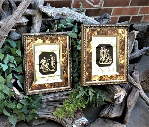 Vintage Turner Decor Grecian Gold Mirrored Wall Pix Faux Marble Set of Two Cover
