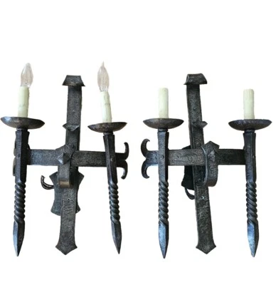 2 Medieval/Revival/Castle/Gothic 2 Light Sconces Wrought Iron Designer Quality-A - Image 1 of 4