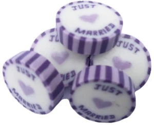 Lilac & Purple JUST MARRIED Wedding Favour Wrapped Rock Candy Sweets vegan - Picture 1 of 5