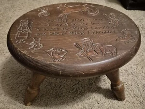 Vintage Childs Nursery Rhyme Folk Art Footstool Milking Step Stool Wood Carved - Picture 1 of 15