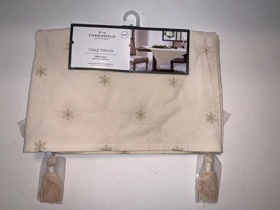 THRESHOLD 52"x52" Embroidered Snowflake Table Throw NATURAL Tassels NWT XMAS  - Image 1 of 4