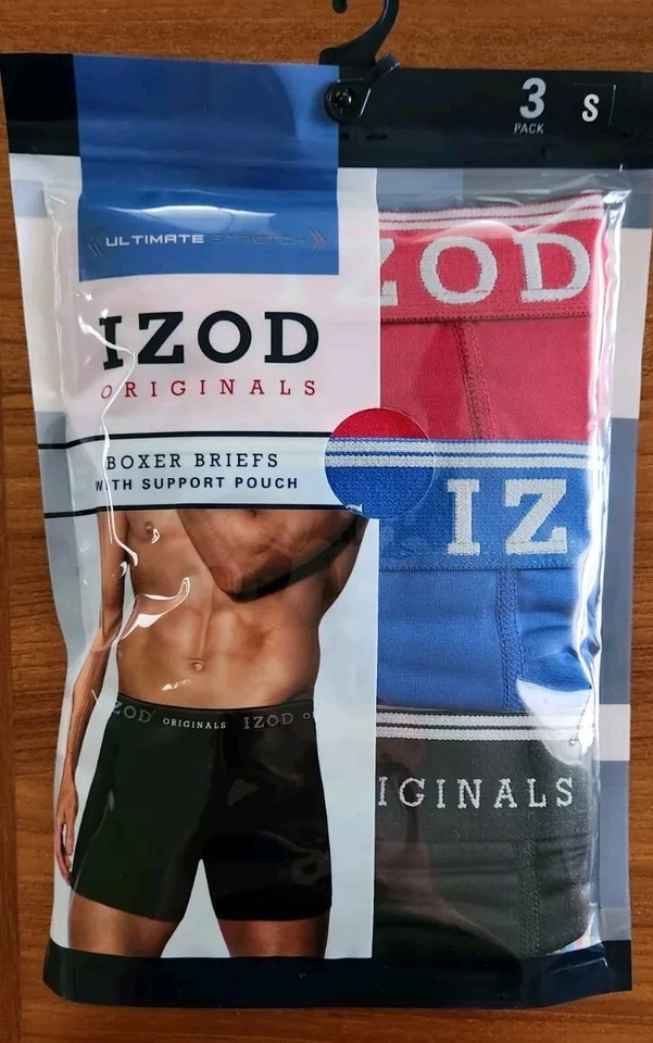 Izod Mens 3 PACK Boxer Briefs SMALL Underwear BLUE RED BLACK Support Pouch 32124