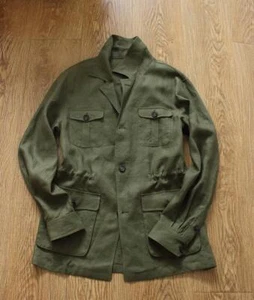 Vintage Men's 100% Linen Safari Jacket Pockets Slim Fit Hunting Coat Casual Tops - Picture 1 of 16
