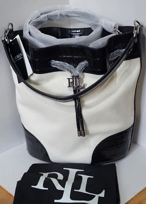 RALPH LAUREN BLACK White CROC LEATHER PRE SPRING ANDIE 25 Large BUCKET BAG BNWT - Image 1 of 4