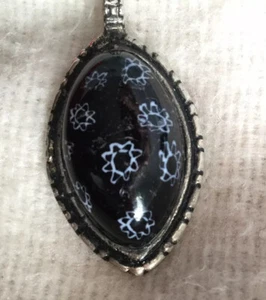 Black Silver Colored Pendant Costume Jewelry with White Accent Floral Design - Picture 1 of 9