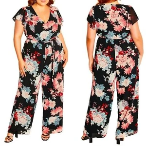 City Chic Summer Floral Belted Jumpsuit Black Summer Flirt Womens 16 NWT NEW - Picture 1 of 7
