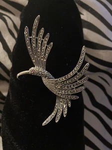 Vtg Judith Jack Sterling Silver, Marcasite & Ruby Hummingbird Brooch 3.5” X 2.5” - Picture 1 of 7