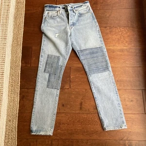 Levis Made Crafted 501 Jeans Womens Patches Blue Denim Distressed 24 X 28 - Picture 1 of 8