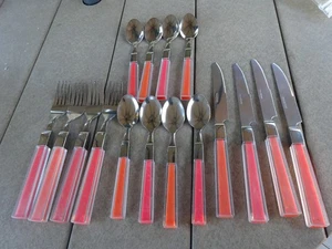16 pc Plastic Orange & Pink on Frost Flatware Utensils Set - Picture 1 of 11