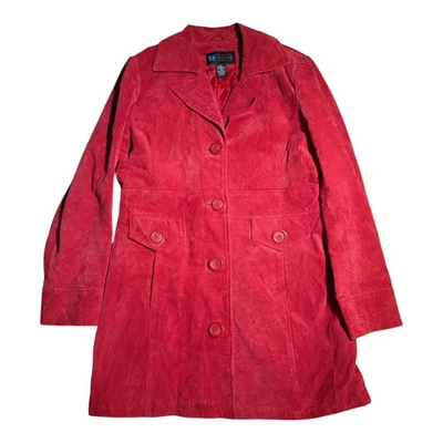 Vtg Y2K Relativity Cherry Red Genuine Suede Mid-Length Button Up Trench Coat M - Image 1 of 3