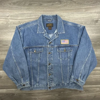 Chaqueta Denim Eddie Bauer De Colección Para Hombres XXL Alta Azul Jean Camionero Bandera de EE. UU. Años 90 Foto 1 de 4