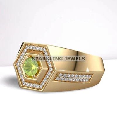 Lustrous Peridot Round Cut With 925 Silver Gold Plated Ring For Men #B310 - Image 1 of 4