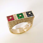 Ruby Sapphire Diamon Ring 18K Gold Unisex Geometric Engagement Pinky Modernist