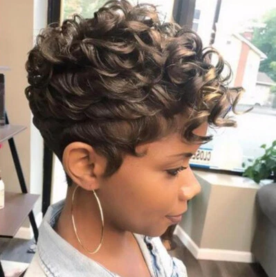 Short Pixie Cut Afro Curly Wig Ombre Brown Gluless Synthetic Hair Wigs Natural  - Image 1 of 4