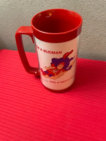 CINCINNATI REDS Budweiser Budman Plastic Insulated 1980s Souvenir Mug Cup Cover