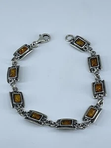 Bracelet 925 Sterling Silver Baltic Amber panel rectangle chain link 7" - Picture 1 of 21