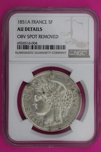 1851 A AU Details France 5 Francs Silver Coin NGC Certified Authentic Slab 613 - Picture 1 of 3