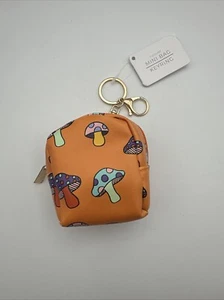 Mushroom Print Orange Mini Key ring Pouch Zipper Bag Coin Purse NEW - Picture 1 of 3