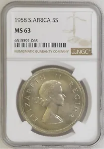 SOUTH AFRICA 5 Shillings 1958, NGC MS 63 Choice UNC, Lustrous QEII Crown. .E2 - Picture 1 of 2