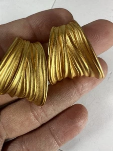 Vintage Earrings Anne Klein Wide Hoop Scoop Drop Brushed Goldtone Signed AK - Picture 1 of 4