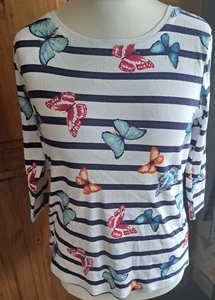 A White Strip & Butterfly Print Cotton Top by Love Tees Size 16 - Picture 1 of 3
