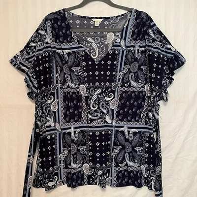  Top tejido cachemir retazos cuello en V azul oscuro blanco XL para mujer Foto 1 de 3