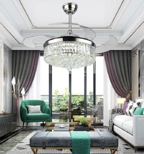Invisible 42" Crystal Chandelier Ceiling Fan Light Retractable Blade 3-Color LED - Picture 1 of 12