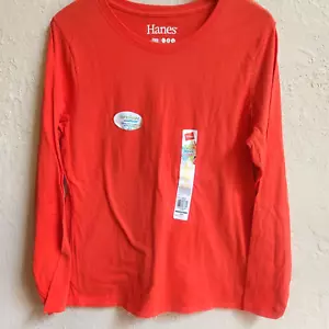Hanes T-Shirt Women Large Long Sleeve Orange Crewneck 100% Cotton Tee Tagfree - Picture 1 of 6