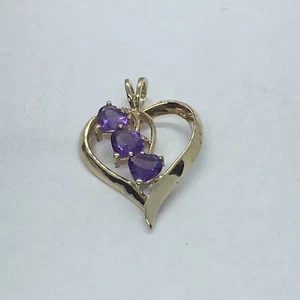 10k Gold Heart Pendant With 3 Heart Shaped Amethysts - Picture 1 of 5