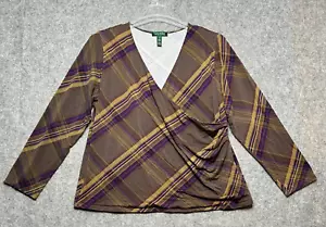 Lauren Ralph Lauren Shirt Women 3X Brown Plaid Surplice Ruched Classic Versatile - Picture 1 of 12